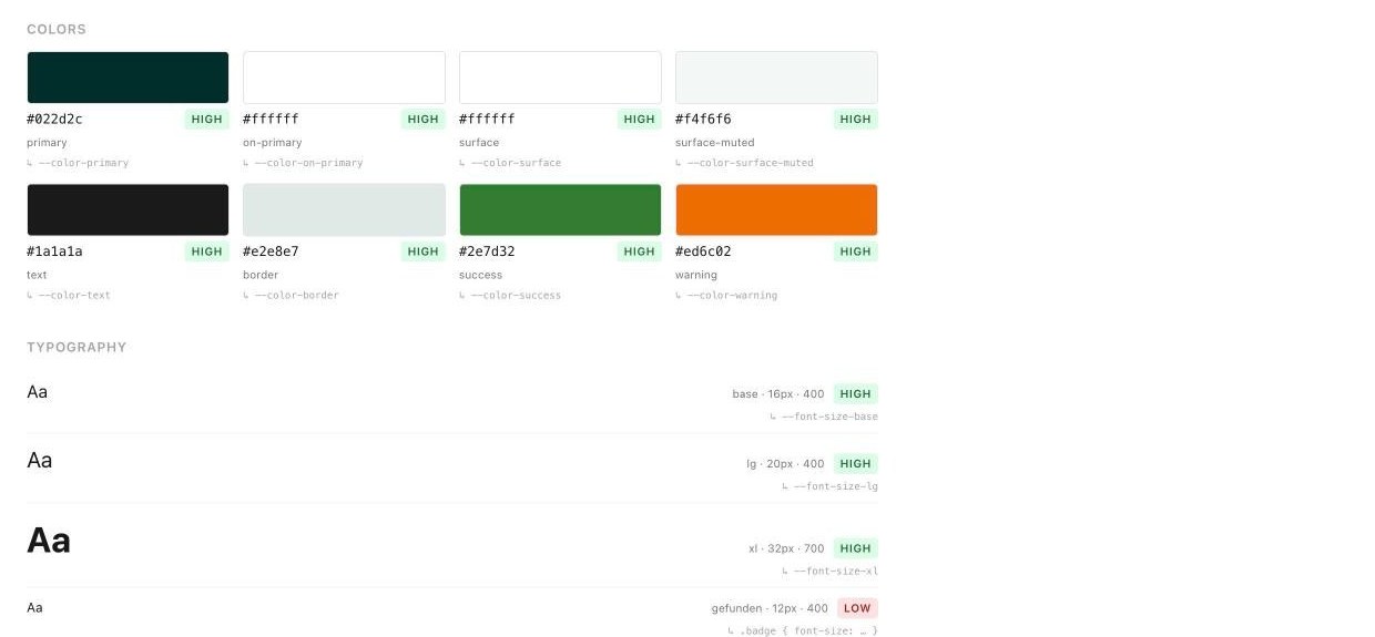 Token view: extracted colors with hex values and High confidence labels, and the start of the typography list.