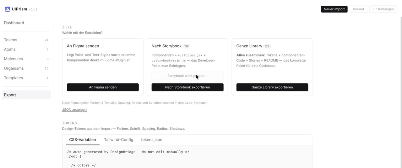 Export view of the UIPrism app with three targets: send to Figma, export to Storybook and export the whole library. The Storybook build is running.